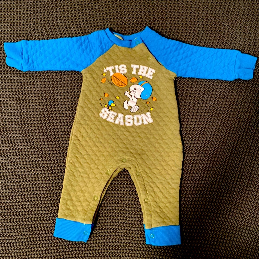 Peanuts Snoopy “‘Tis the Season” Football Onesie Teal Olive
